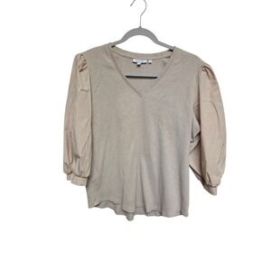 Chico's Women's XL Top 3/4 Puff Sleeve‎ V Neck Ribbed Knit Beige Blouse